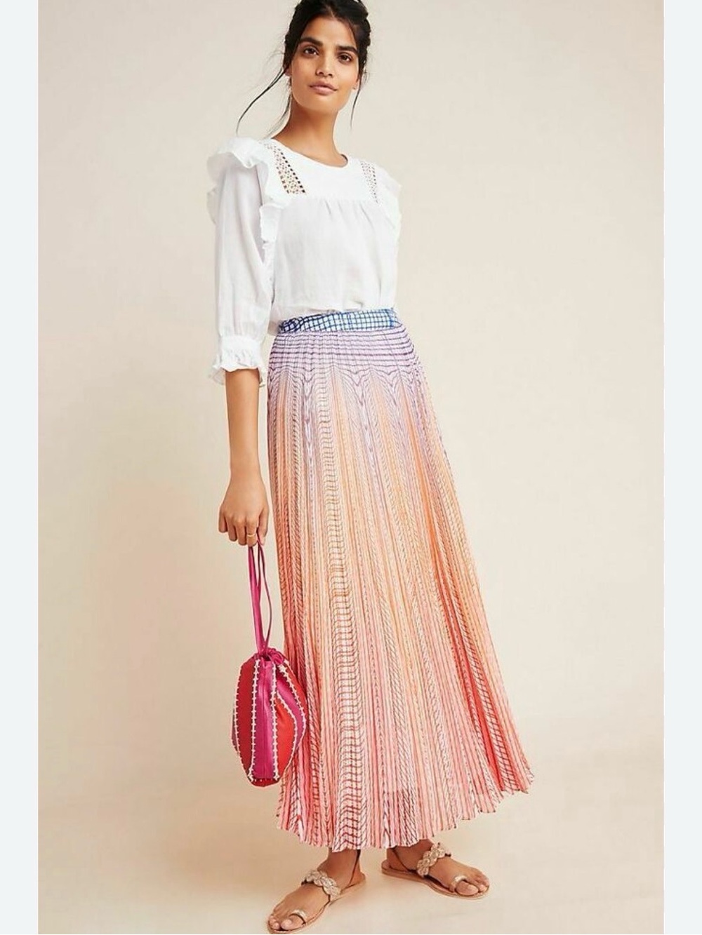 Anthropologie Geisha Designs Gradient Pleated Maxi Skirt in Pink and Purple